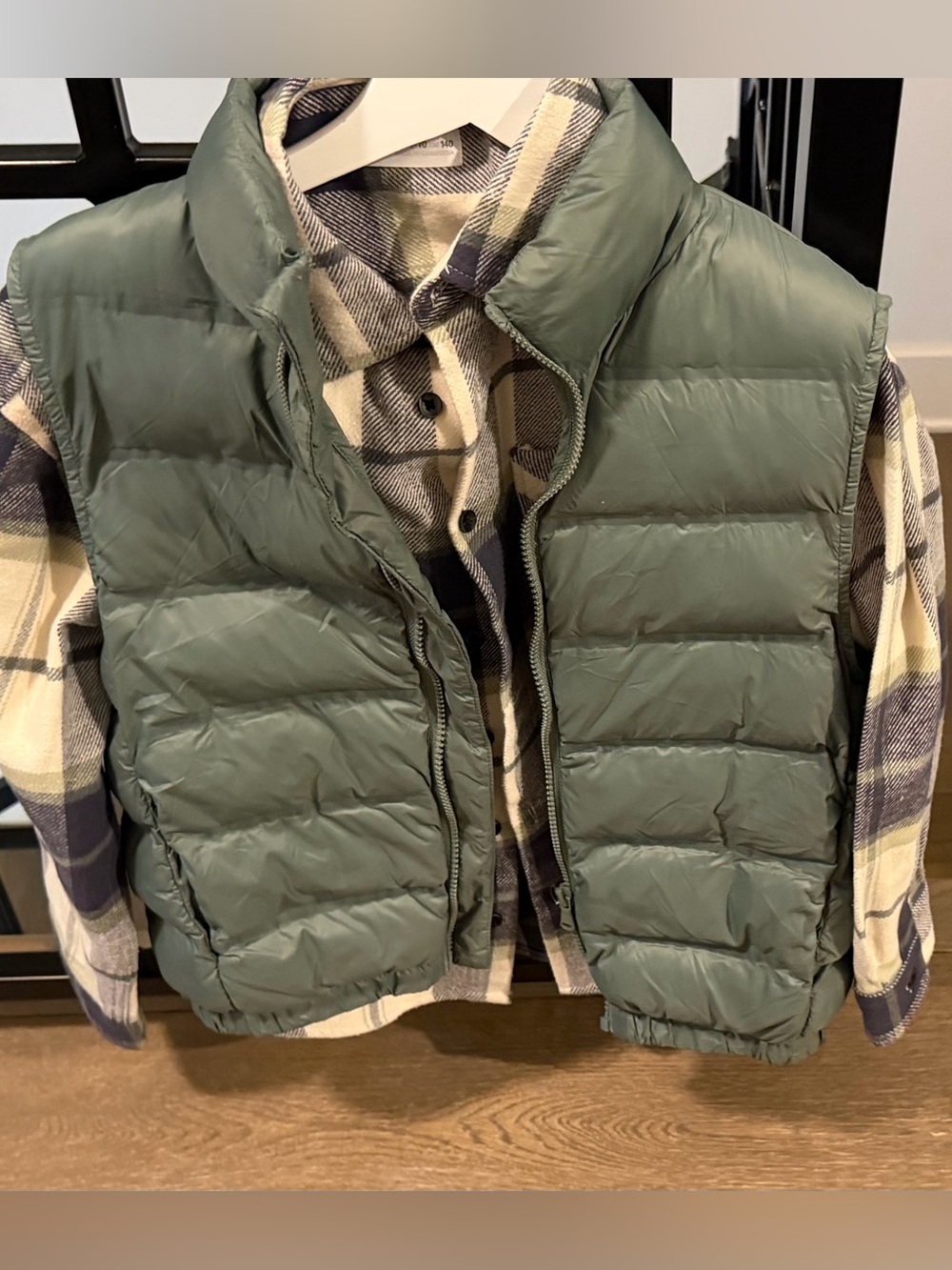 Zara Olive Green Puffer Vest and flannel shirt for Kids.
